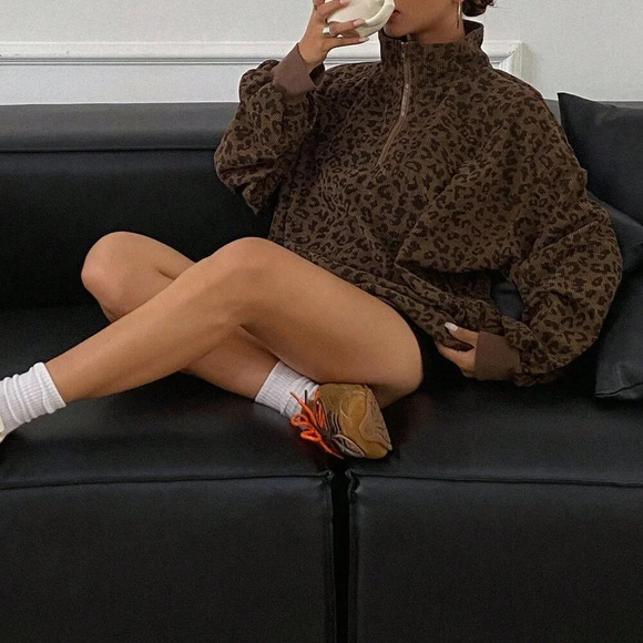 Brown Casual Women's Zip Up Front Long Sleeve Leopard Print Sweatshirt